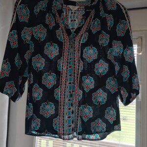 Crown & Ivy petite navy geometric print 3)4 sleeve shirt